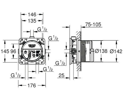 Technický nákres hrubej stavby Grohe