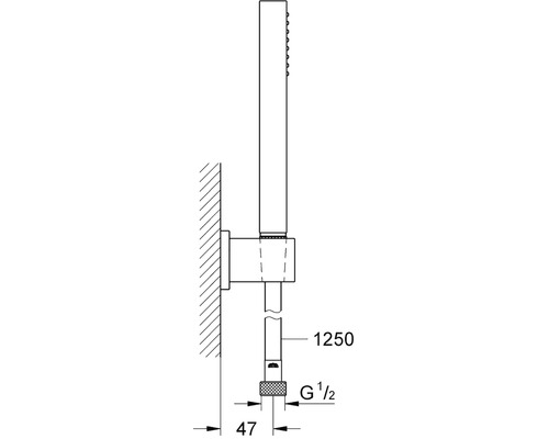 Technický nákres sprchovej tyče s rozmermi 1250 milimetrov a pripojením G 1/2 palca.