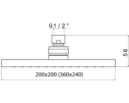 Technický nákres sprchovej hlavice s rozmermi 200 x 200 (360 x 240) a s prípojkou G 1/2 palca.
