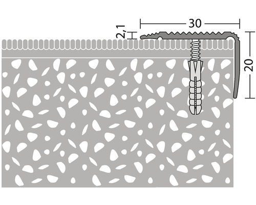 Zobrazenie profilu hrany schodu so skrutkou a hmoždinkou na montáž na schodisko.