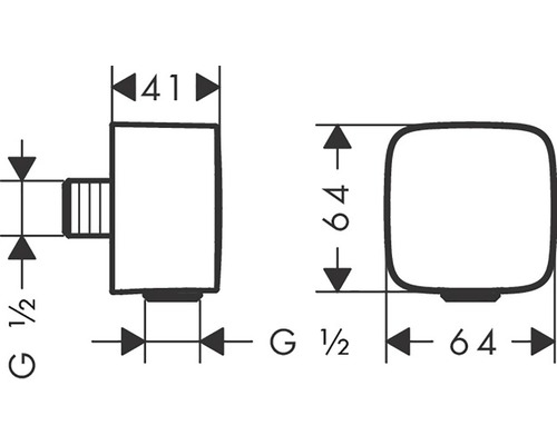 Technický nákres rohového ventilu s rozmermi.