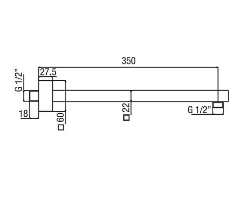 Technický nákres nástenného výtoku s rozmermi