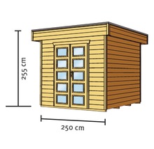 Obrázok záhradného domčeka s rozmermi 255 cm na výšku a 250 cm na šírku.