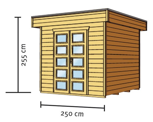 Obrázok záhradného domčeka s rozmermi 255 cm na výšku a 250 cm na šírku.