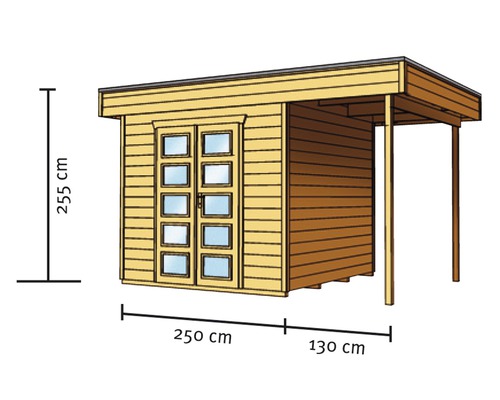 Obrázok dreveného záhradného domčeka s výškou 255 cm, šírkou 250 cm a hĺbkou 130 cm.