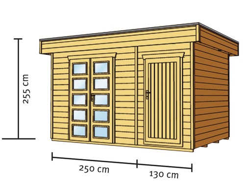 Drevený záhradný domček s oknom a dverami s rozmermi 255 cm výška, 250 cm šírka a 130 cm hĺbka
