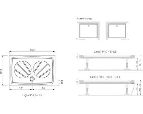 Technický nákres sprchovej vaničky Gigant Pro 90x120 s rozmermi a možnosťami montáže.