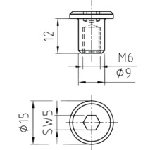 Technický nákres skrutky s rozmermi priemer 15 milimetrov, šírka kľúča 5, dĺžka závitu 12 milimetrov, závit M6 a priemer 9 milimetrov.