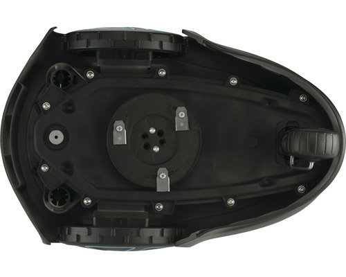 Spodná strana robotickej kosačky s kolesami a reznými nástrojmi