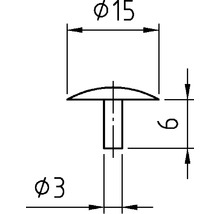Technický nákres kolíkového nitu s rozmermi 15 milimetrov priemer hlavy, 3 milimetre priemer drieku a 9 milimetrov dĺžka drieku