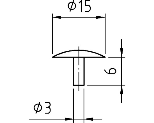 Technický nákres kolíkového nitu s rozmermi 15 milimetrov priemer hlavy, 3 milimetre priemer drieku a 9 milimetrov dĺžka drieku
