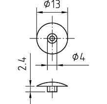 Technický nákres klzáka nábytku s rozmermi 13 milimetrov v priemere hore a 4 milimetre v priemere dole