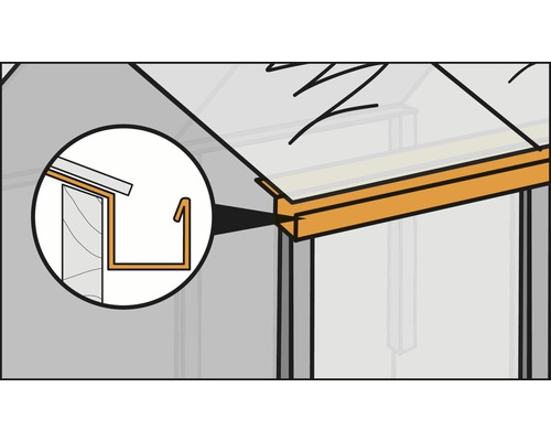 Ilustrácia skleníka s detailným pohľadom na odkvap