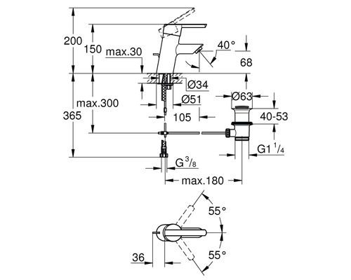 Technický nákres vodovodnej batérie s rozmermi