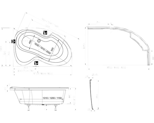 Technický nákres vane s rozmermi