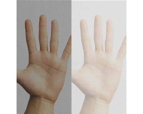 Porovnanie dvoch sietí proti hmyzu s rukou za nimi, ukazujúce priepustnosť svetla