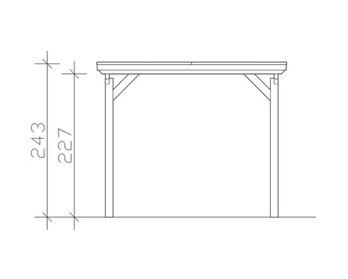 Nákres altánku s výškovými údajmi 243 centimetrov a 227 centimetrov.