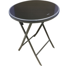 Okrúhly skladací stôl so sklenenou doskou a kovovým rámom