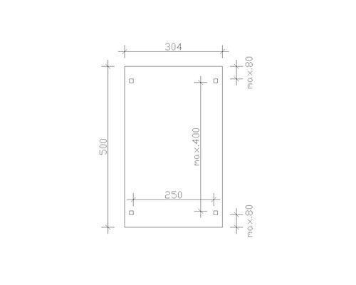 Technický nákres dosky s rozmermi 500 x 304 mm.