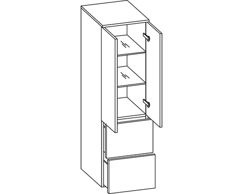 Vysoká skrinka s dvomi zásuvkami a otvorenými dverami s tromi priehradkami