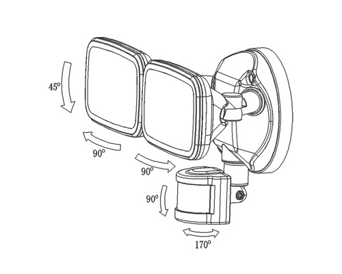Technický nákres otočného vonkajšieho svetla s detektorom pohybu a nastaviteľnými uhlami svietenia.