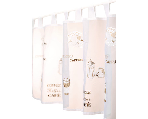 Dekoratívna záclonka s motívmi kaviarne pre kuchynské okná