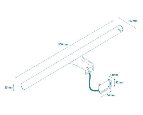Technický nákres 500-milimetrovej lampy s rozmermi 102 milimetrov, 25 milimetrov, 13 milimetrov, 42 milimetrov a 64 milimetrov.