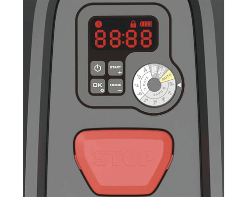 Ovládací panel robotickej kosačky s digitálnym displejom, tlačidlom štart, tlačidlom stop a nastavením času