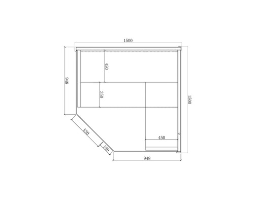 Technický nákres rohovej skrine s rozmermi
