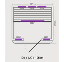 Ilustrácia infračervenej kabíny s rozmermi a údajmi o výkone vykurovacích prvkov.