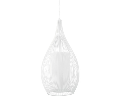 Biela závesná lampa s drôteným tienidlom a látkovým difúzorom