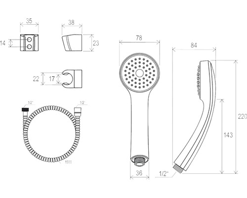 Technický nákres ručnej sprchy s hadicou a držiakom s rozmermi