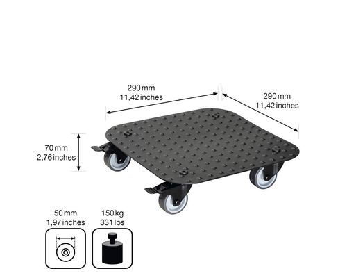 Pojazdná doska s rozmermi 290 mm x 290 mm a maximálnou nosnosťou 150 kg