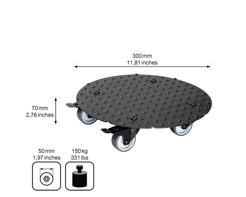 Podstavec na kolieskach s nosnosťou 150 kilogramov a priemerom 300 milimetrov