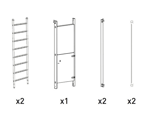 Súčasti policovej kombinácie: dva rebríky, jedny dvere, dve bočné steny a dve vodiace lišty.