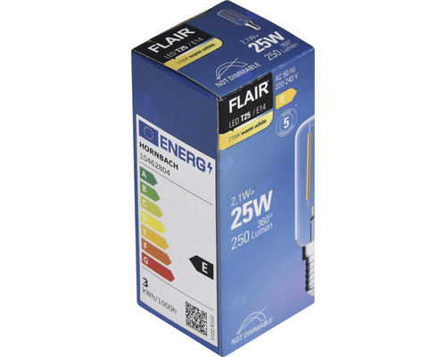 Balenie žiarovky Flair LED T25 E14 s 2,1 W, 25 W, 250 lúmenov, nestmievateľná a energetickej triedy E