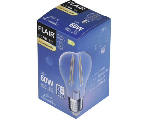 Balenie žiarovky Flair LED A60 E27, 5 W, 2700 K, teplá biela, nestmievateľná