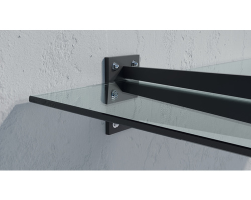 Sklenená polica s kovovým držiakom na montáž na stenu