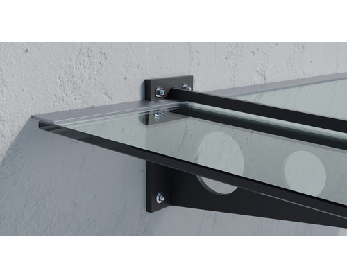 Sklenený baldachýn s kovovou konzolou namontovanou na stene