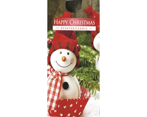 Vonná sviečka Happy Christmas v snehu s motívom snehuliaka