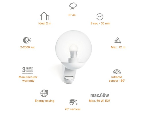 Vonkajšie nástenné svietidlo Steinel L585 IP44 E27 60 W biele so senzorom pohybu
