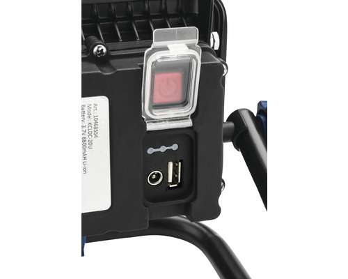 Detailný pohľad na pracovné svietidlo s vypínačom, indikátorom stavu nabitia a USB portom