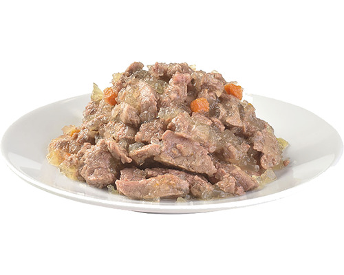 Krmivo pre psy s kúskami mäsa a zeleniny na tanieri