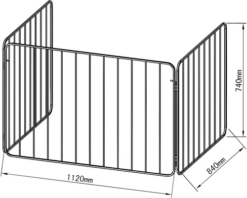 Nákres trojdielnej krbovej zástery s rozmermi