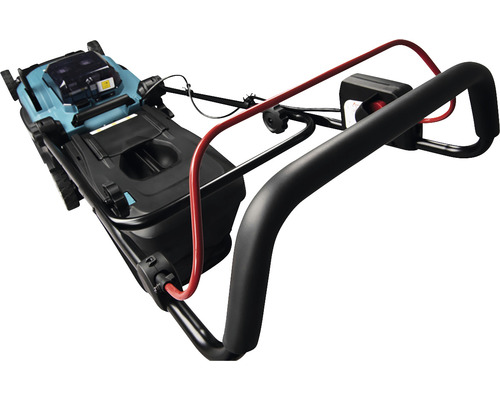 Kosačka na trávu s čiernou rukoväťou a zberným košom