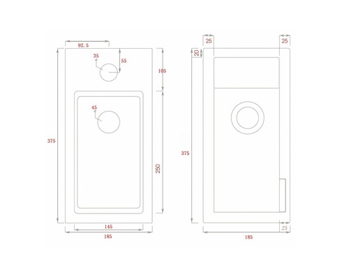 Technický nákres umývadla s rozmermi