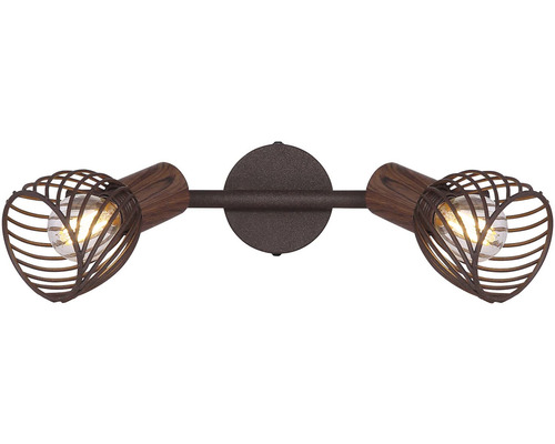 Nástenné svietidlo s dvoma svetlami, vzhľad dreva a kovová klietka