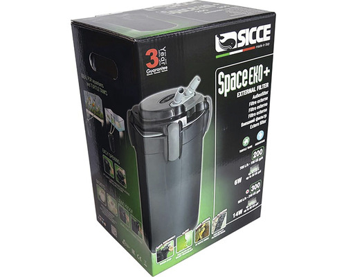 Externý filter Sicce Space EKO Plus v obale produktu s trojročnou zárukou