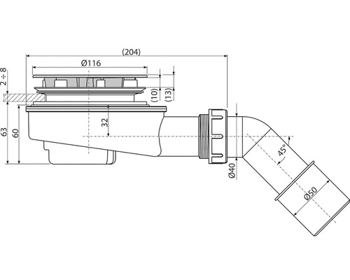 Technický výkres podlahovej vpuste s rozmermi.