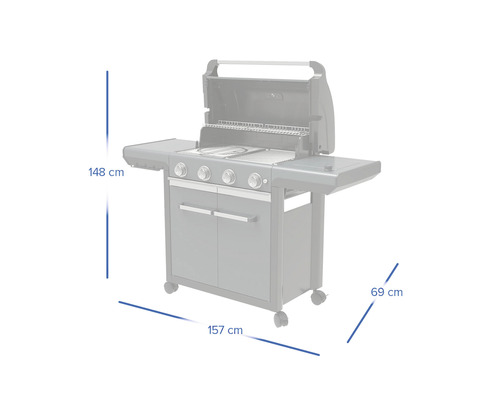Plynový gril s rozmermi 148 cm výška, 157 cm šírka a 69 cm hĺbka.
